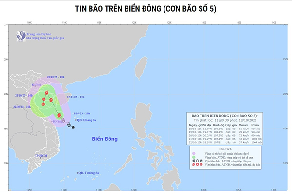 Áp thấp nhiệt đới ven biển khu vực Quảng Trị - Quảng Nam đã mạnh lên thành bão số 5
